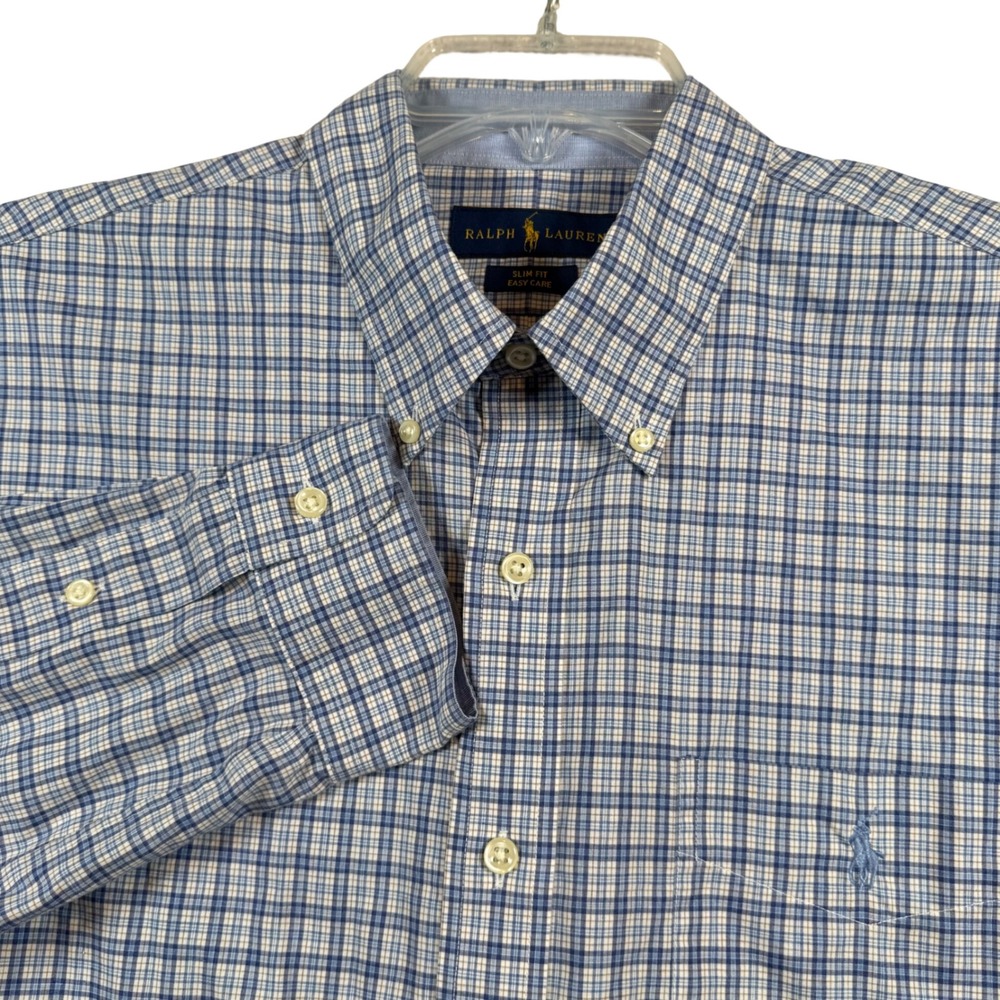 Ralph Lauren Button Down Pocket Shirt Mens Large Blue Plaid Slim Fit Long Sleeve